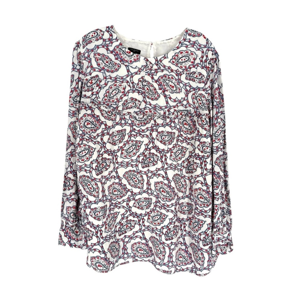 Talbots Blouse Womens Size 2X Ivory Red Blue Paisley Ruffle Accent Flowy